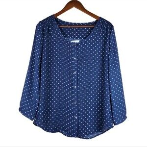 LAND'S END Blue Polka Dot Blouse Size 10 Button Front Long Sleeve Top